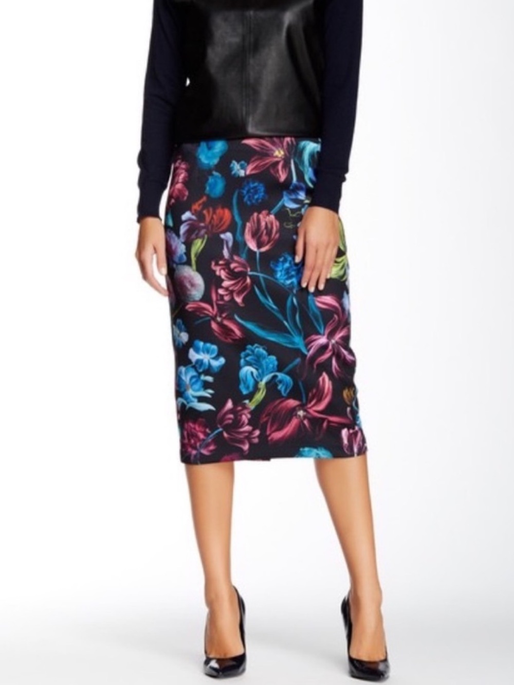 Ted Baker Floral Pencil Midi Skirt in Black with Blue & Pink Blooms